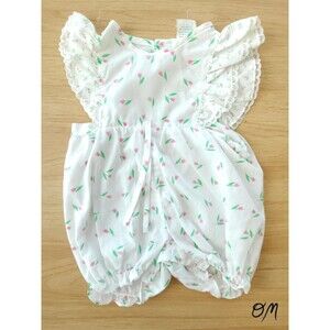 Vtg Babyfair White Ditsy Pink Tulips Baby Girl Ruffle Bubble Romper 0-6 Months